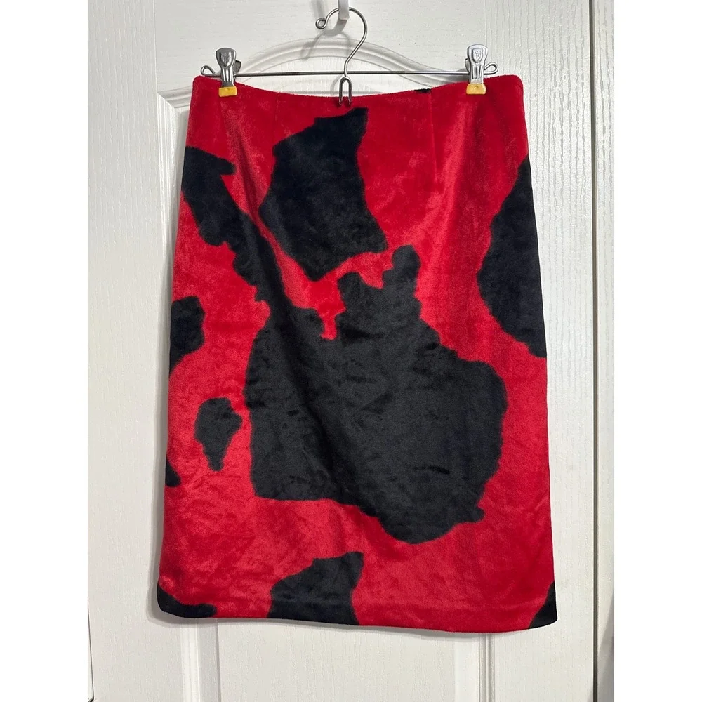 Vintage Y2K Express Cow Print High Waist Faux Fur Pencil Midi Skirt 5/6 Western